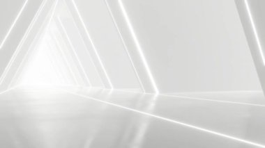 Soyut beyaz fütürist geometrik tünel mimarisi, döngü animasyonu.