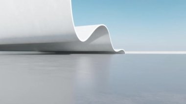 Soyut dalgalı fütüristik mimarinin beton zeminli 3D görüntüsü.
