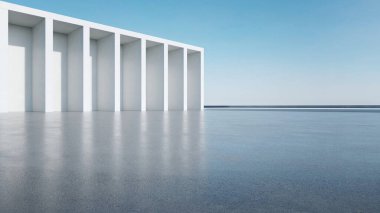 Boş beton zemin ve araba sunumu arka planına sahip soyut modern mimarinin 3D görüntüsü.