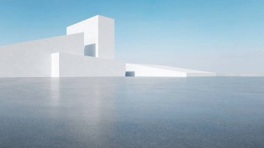 Boş beton zemin ve araba sunumu arka planına sahip soyut modern mimarinin 3D görüntüsü.