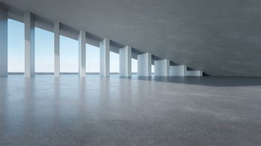 Boş beton zemin ve araba sunumu arka planına sahip soyut modern mimarinin 3D görüntüsü.
