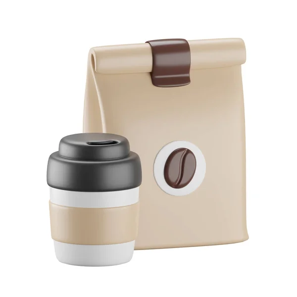 3D图标咖啡豆袋和热咖啡杯 — 图库照片