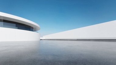 Soyut fütüristik modern mimarinin boş beton zeminli 3D görüntüsü.