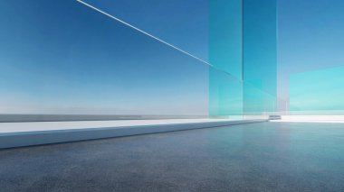 Soyut fütüristik cam mimarisinin boş beton zeminli 3D görüntüsü.