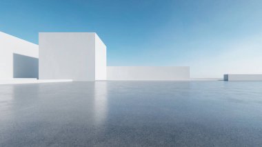 Boş beton zemin ve araba sunumu arka planına sahip soyut modern mimarinin 3D görüntüsü.