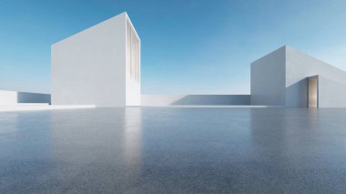 Boş beton zemin ve araba sunumu arka planına sahip soyut modern mimarinin 3D görüntüsü.