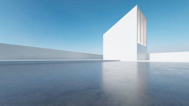 Boş beton zemin ve araba sunumu arka planına sahip soyut modern mimarinin 3D görüntüsü.