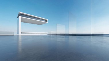 Soyut fütüristik cam mimarisinin boş beton zeminli 3D görüntüsü.