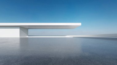 Üç boyutlu soyut fütüristik mimari ve boş beton zemin. Araba sunumu için sahne.