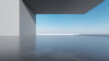 Üç boyutlu soyut fütüristik mimari ve boş beton zemin. Araba sunumu için sahne.