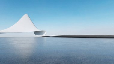 Üç boyutlu soyut fütüristik mimari ve boş beton zemin. Araba sunumu için sahne.