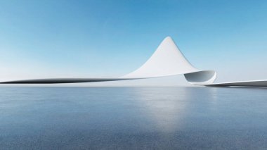 Üç boyutlu soyut fütüristik mimari ve boş beton zemin. Araba sunumu için sahne.