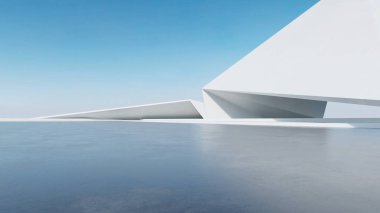 Üç boyutlu soyut fütüristik mimari ve boş beton zemin. Araba sunumu için sahne.