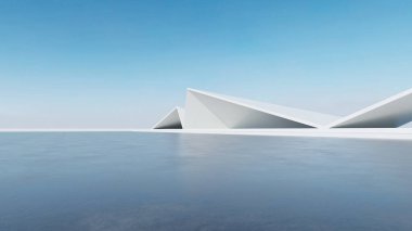 Üç boyutlu soyut fütüristik mimari ve boş beton zemin. Araba sunumu için sahne.