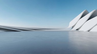 Üç boyutlu soyut fütüristik mimari ve boş beton zemin. Araba sunumu için sahne.