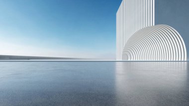 Soyut parametrik mimarinin boş beton zeminli 3D görüntüsü. Araba sunumu için sahne.
