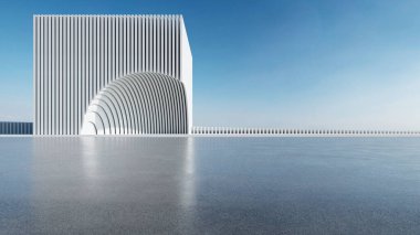 Soyut parametrik mimarinin boş beton zeminli 3D görüntüsü. Araba sunumu için sahne.