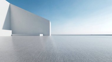 Üç boyutlu soyut fütüristik mimari ve boş beton zemin. Araba sunumu için sahne.