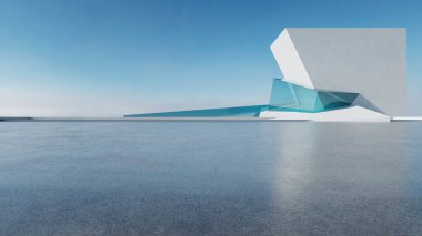 Üç boyutlu soyut fütüristik mimari ve boş beton zemin. Araba sunumu için sahne.