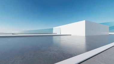 Üç boyutlu soyut fütüristik mimari ve boş beton zemin. Araba sunumu için sahne.