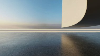 Üç boyutlu soyut fütüristik mimari ve boş beton zemin. Araba sunumu için sahne.