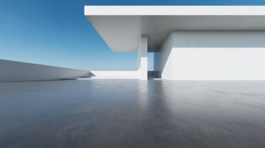 Üç boyutlu soyut fütüristik mimari ve boş beton zemin. Araba sunumu için sahne.
