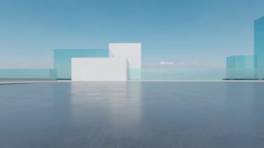 Soyut fütüristik cam mimarisinin boş beton zeminli 3D görüntüsü.