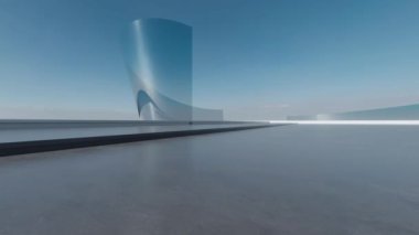 Soyut fütüristik cam mimarisinin boş beton zeminli 3D görüntüsü.