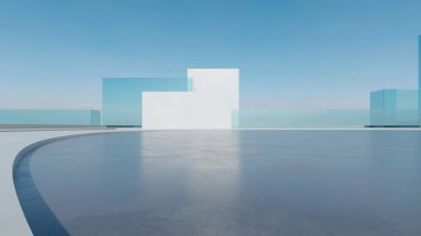 Üç boyutlu soyut fütüristik mimari ve boş beton zemin. Araba sunumu için sahne.