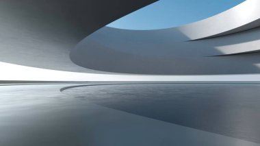 Üç boyutlu soyut fütüristik mimari ve boş beton zemin. Araba sunumu için sahne.
