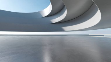 Üç boyutlu soyut fütüristik mimari ve boş beton zemin. Araba sunumu için sahne.