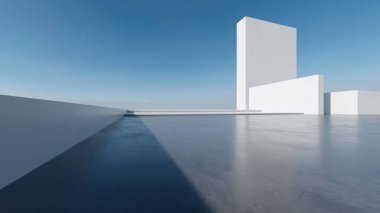 Üç boyutlu soyut fütüristik mimari ve boş beton zemin. Araba sunumu için sahne.