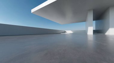 Üç boyutlu soyut fütüristik mimari ve boş beton zemin. Araba sunumu için sahne.