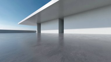 Üç boyutlu soyut fütüristik mimari ve boş beton zemin. Araba sunumu için sahne.