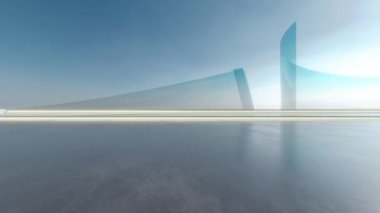 Soyut fütüristik cam mimarisinin boş beton zeminli 3D görüntüsü.
