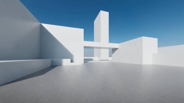 Üç boyutlu soyut fütüristik mimari ve boş beton zemin. Araba sunumu için sahne.