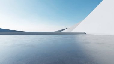 Soyut dalgalı fütüristik mimarinin beton zeminli 3D görüntüsü.