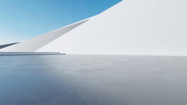 Soyut dalgalı fütüristik mimarinin beton zeminli 3D görüntüsü.