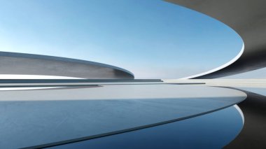 Soyut dalgalı fütüristik mimarinin beton zeminli 3D görüntüsü.