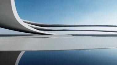 Soyut dalgalı fütüristik mimarinin beton zeminli 3D görüntüsü.