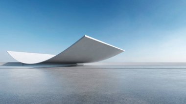 Soyut dalgalı fütüristik mimarinin beton zeminli 3D görüntüsü.