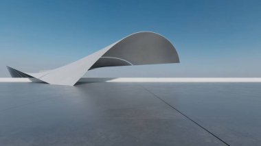Soyut dalgalı fütüristik mimarinin beton zeminli 3D görüntüsü.
