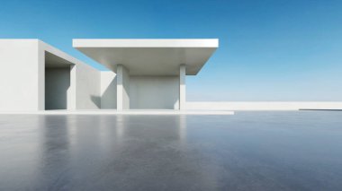  Boş beton zemin ve araba sunumu arka planına sahip soyut modern mimarinin 3D görüntüsü.