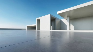  Boş beton zemin ve araba sunumu arka planına sahip soyut modern mimarinin 3D görüntüsü.