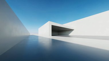  Boş beton zemin ve araba sunumu arka planına sahip soyut modern mimarinin 3D görüntüsü.