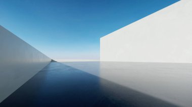  Boş beton zemin ve araba sunumu arka planına sahip soyut modern mimarinin 3D görüntüsü.