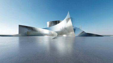 Soyut titanyumun 3 boyutlu görüntüsü. Boş beton zeminli fütüristik mimari. Araba sunumu için sahne.