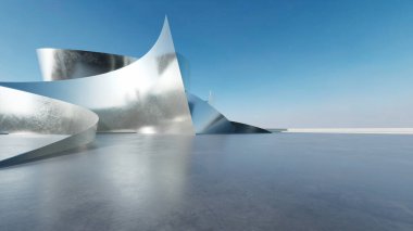 Soyut titanyumun 3 boyutlu görüntüsü. Boş beton zeminli fütüristik mimari. Araba sunumu için sahne.