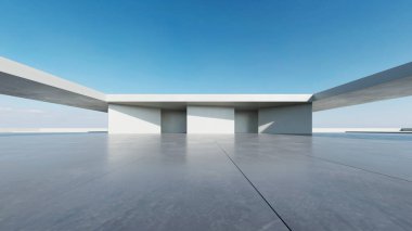  Boş beton zemin ve araba sunumu arka planına sahip soyut modern mimarinin 3D görüntüsü.