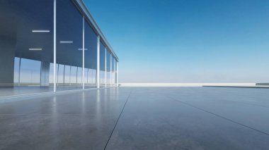  Boş beton zemin ve araba sunumu arka planına sahip soyut modern mimarinin 3D görüntüsü.